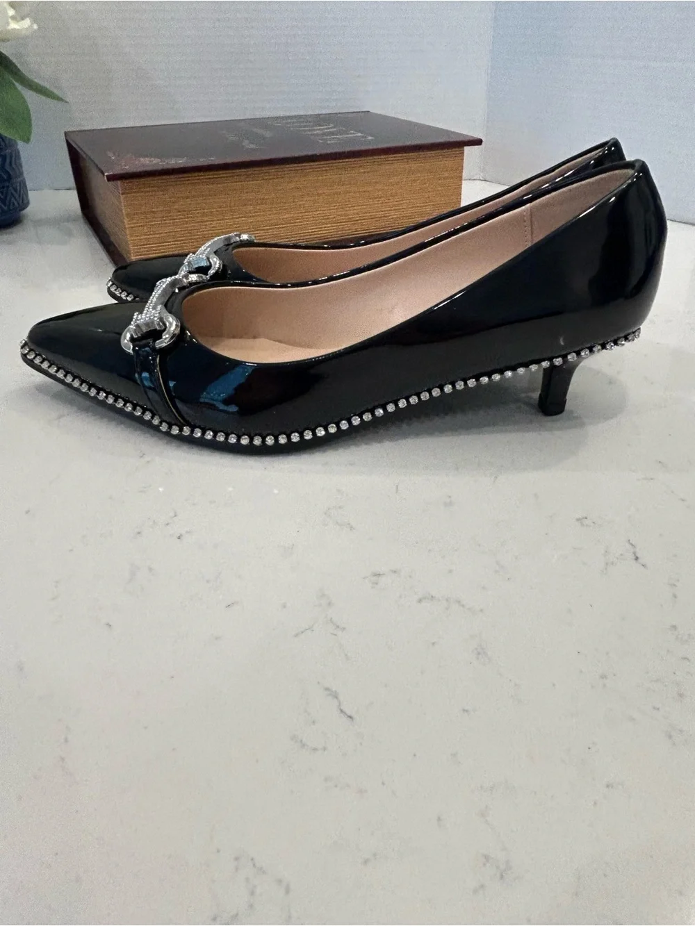Pointed Patent Leather Flats with Silver Chain Detail - Black